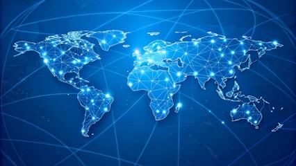 Global Connectivity Map with Network Lines Over World in Blue Background