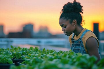 A young woman tending to a rooftop garden at sunset, showcasing urban farming and sustainable living.