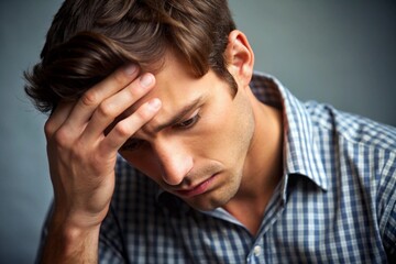Fototapeta premium A man is looking down and rubbing his forehead
