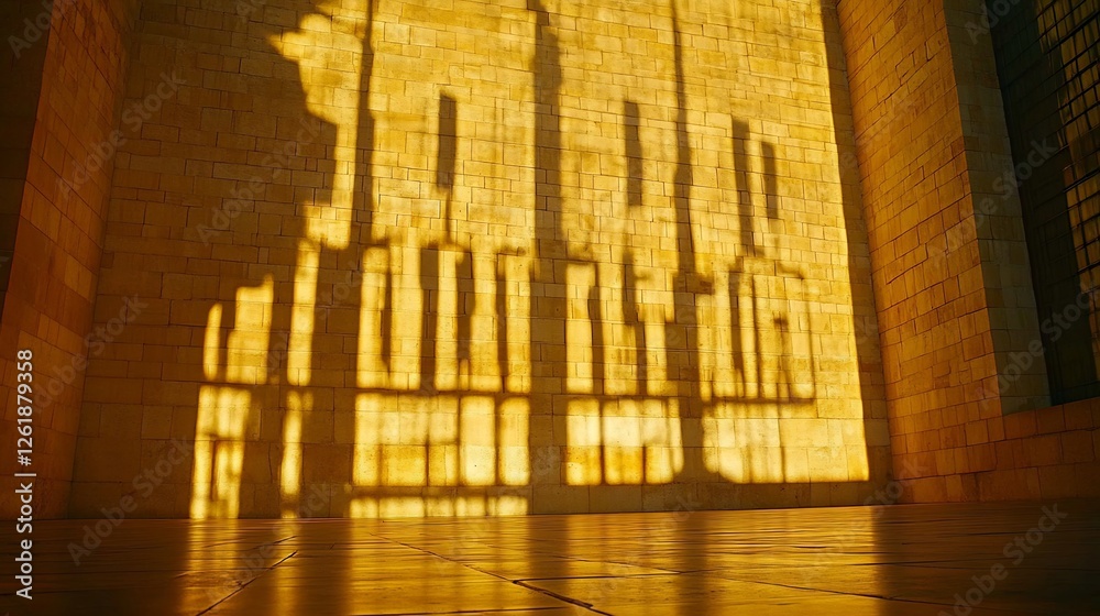 Wall mural Golden light casts dramatic shadows on ornate gate. AI Generated