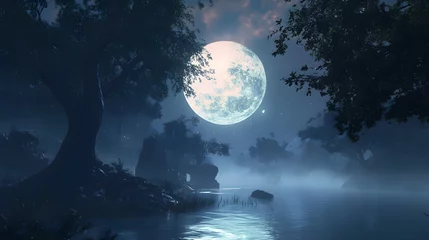 Ethereal Nightscape: Enchanting Moonstone Glow Over Serene Waters and Whispering Trees