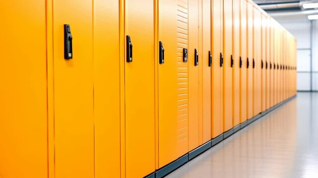 Organized Orange Lockers In A Modern Facility