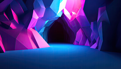 Abstract Polygonal Cave Entrance with Neon Lighting
