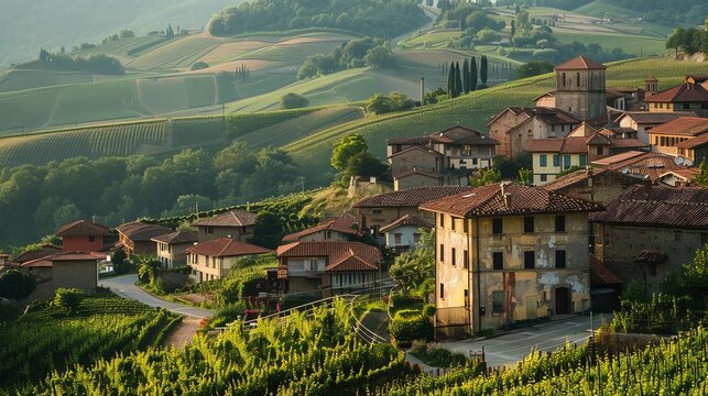 An idyllic Italian village nestled among rolling hills and vineyards.