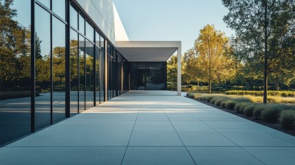 Modern building exterior with glass facade and landscaped grounds