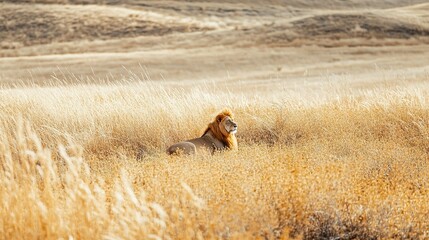 Majestic African Lion Resting In Golden Grassland