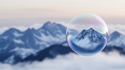 Ethereal Soap Bubble Reflection with Majestic Mountains