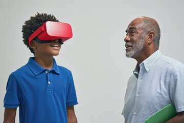 A young boy experiences virtual reality while an older man observes, showcasing technology's intergenerational impact.