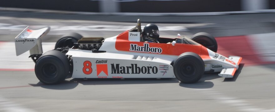 Long Beach, CA - April 15, 2023: The M30 McLaren at the Long Beach Grand Prix, driven by Alain Prost in the 1980 F1 season.