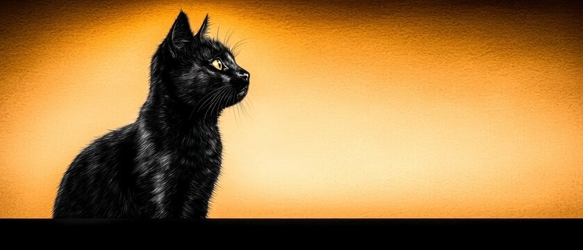 Black Cat Sitting Against a Golden Background