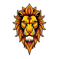 Fototapeta premium Stylized golden lion head with a regal mane and a geometric symbol on its forehead, isolated on white.