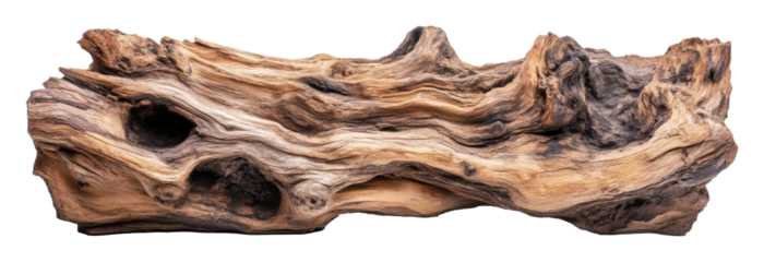 Natural driftwood log with textured surface, artistic display. Organic decoration and crafting material concept