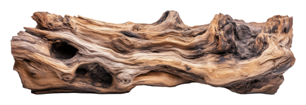 Natural driftwood log with textured surface, artistic display. Organic decoration and crafting material concept