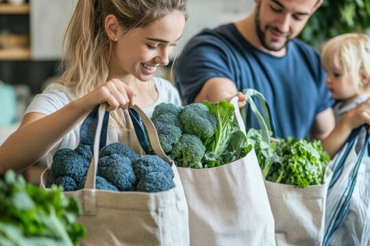 Happy family unpacking fresh, healthy vegetables from reusable shopping bags. - Powered by Adobe