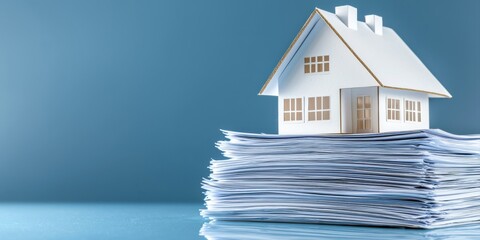 Property Loan Investment Collateral. A miniature house sits atop a stack of paperwork, symbolizing real estate, documentation, and home ownership concepts.