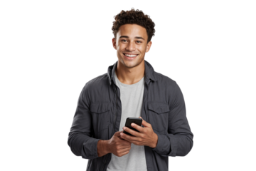 Smiling young man holding a mobile phone, isolated on transparent background