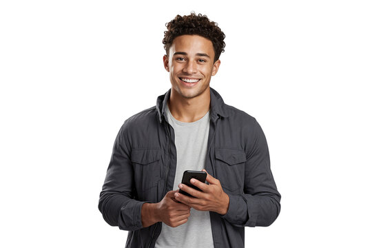 Smiling young man holding a mobile phone, isolated on transparent background - Powered by Adobe