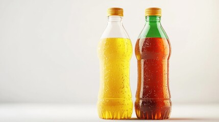 Two transparent plastic bottles, one yellow, one green, with condensation, on a plain white background.  Possible use Product design, beverage advertising, packaging design