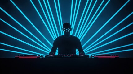 Fototapeta premium A DJ performs under vibrant blue laser lights, creating an energetic atmosphere in a club setting.