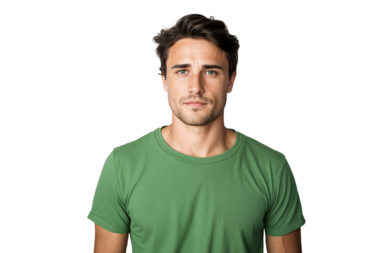 Portrait of a handsome young man in casual green t-shirt, isolated on white background