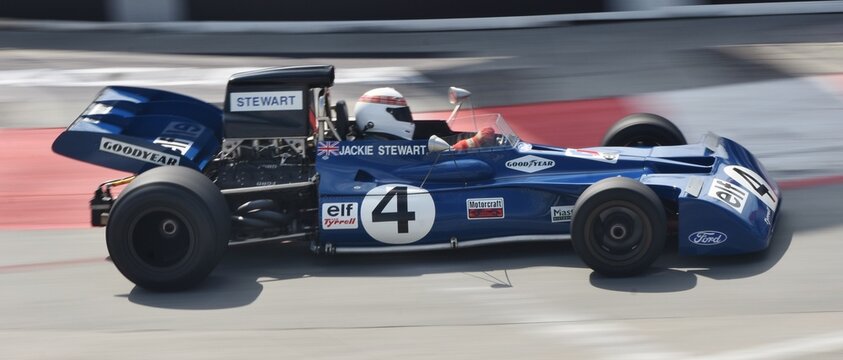 Long Beach, CA - April 14, 2023: The Tyrrell 003 at the Long Beach Grand Prix, driven by Jackie Stewart in the 1971 and 1972 F1 seasons.