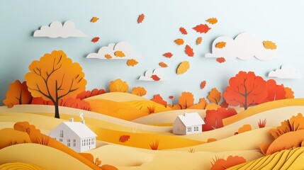 Autumn paper cut landscape with houses