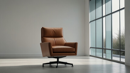 AI generative. 3d illustration of armchair mockup, wooden with foam covering light brown leather , on white background. 16