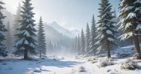 Fototapeta premium Frosty valley with towering evergreen trees blanketed in thick layer of white snow, evergreen trees, snowy woods