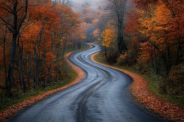 Obraz premium Winding autumn road curves through colorful trees and misty forest