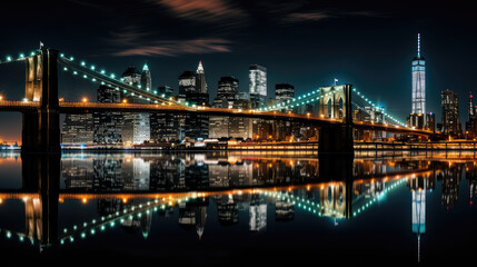 Illuminated Bridge Over City Skyline At Night
