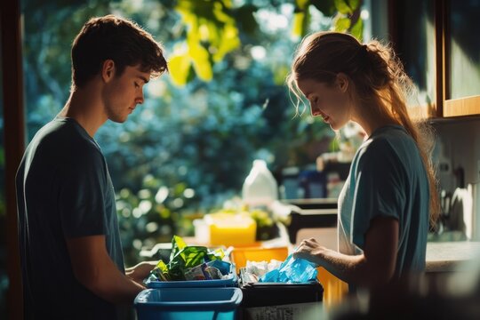 A young couple diligently sorts recyclables in their kitchen, showcasing eco-conscious habits.
