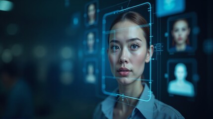 Woman is engaged in facial recognition technology analysis at a high-tech facility during the evening