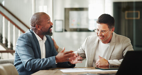 Laughing, men and smile for teamwork, office and discussion for expansion of business or corporate....