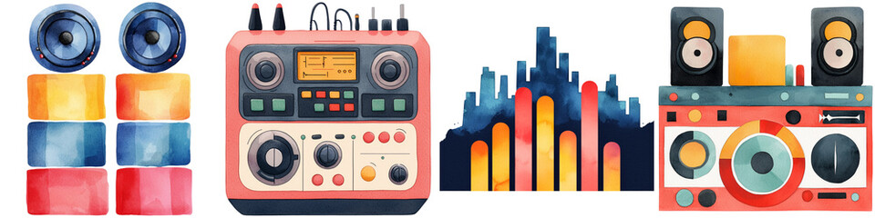 Obraz premium Concerts performance and visuals watercolor, Colorful audio equipment including speakers, a boombox, and sound wave graphics, representing music and sound technology.