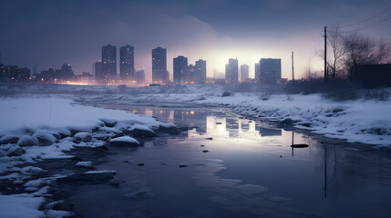 Naklejka premium Snowy Urban Landscape at Sunset