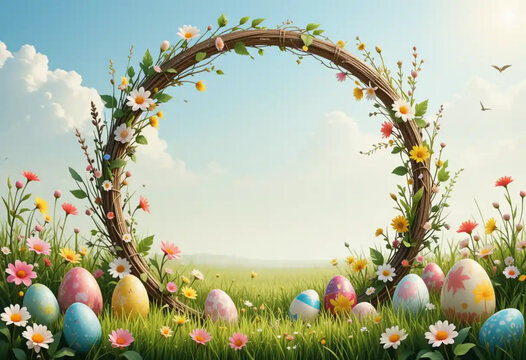 easter background with eggs and flowers