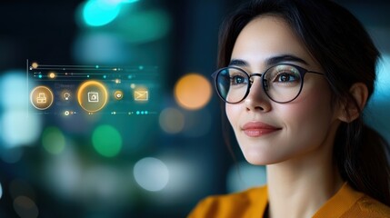 A young Asian professional woman with eyeglasses smiling confidently while interacting with a futuristic holographic data interface
