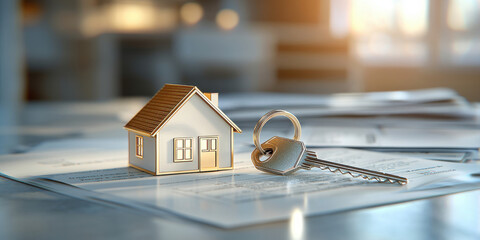 Property Loan Investment Collateral. Miniature house model with a key on paperwork, symbolizing real estate and home ownership in a warm, inviting light.
