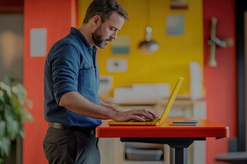 A man stands at a vibrant red standing desk, focused on his yellow laptop, working in a bright, modern office.
