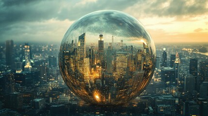 Cityscape featuring a large sphere and financial literacy education elements in an urban environment