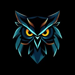 Geometric owl portrait with sharp lines and vibrant colors set against a stark black background.