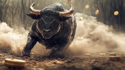 Bull running through muddy field symbolizing market trends and growth in digital economy