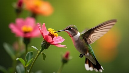 Fototapeta premium A hummingbird drinks nectar from a flower, creating a dynamic and fascinating atmosphere. The vibrant flower and rapid wing movements celebrate the beauty of hummingbirds and the importance of protect