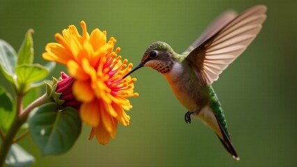 A hummingbird drinks nectar from a flower, creating a dynamic and fascinating atmosphere. The vibrant flower and rapid wing movements celebrate the beauty of hummingbirds and the importance of protect