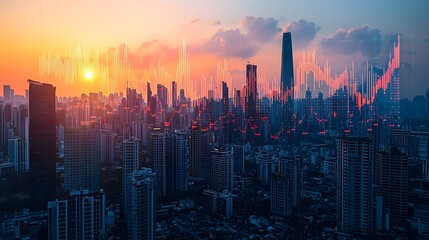 Fototapeta premium Stunning Sunset Skyline Cityscape with Overlayed Financial Stock Market Data Graphs