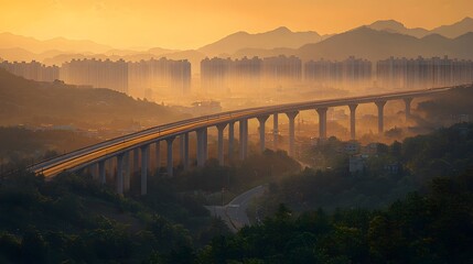 Obraz premium Elevated Highway Bridge at Sunrise Over City Skyline and Mountains