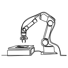 A minimalist drawing of a robotic arm isolated on a white background and drawn with a single continuous line.
