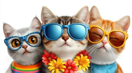 Fototapeta premium A cheerful and fashionable tabby cat dressed in a variety of stylish accessories including sunglasses a headband and a floral a whimsical and engaging portrait in a studio setting