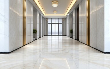 Fototapeta premium A luxurious residential entrance with marble floors, warm ambient lighting, and elegant decor.