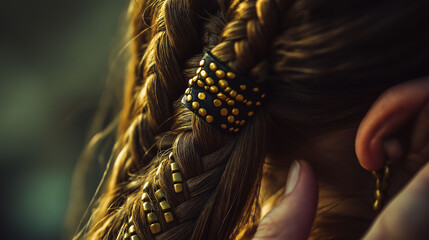 Close-up of a fishtail braid with gold beads and leather straps, fingers adjusting the strands while bright sunlight enhances the contrast of the accessories, rugged and bold